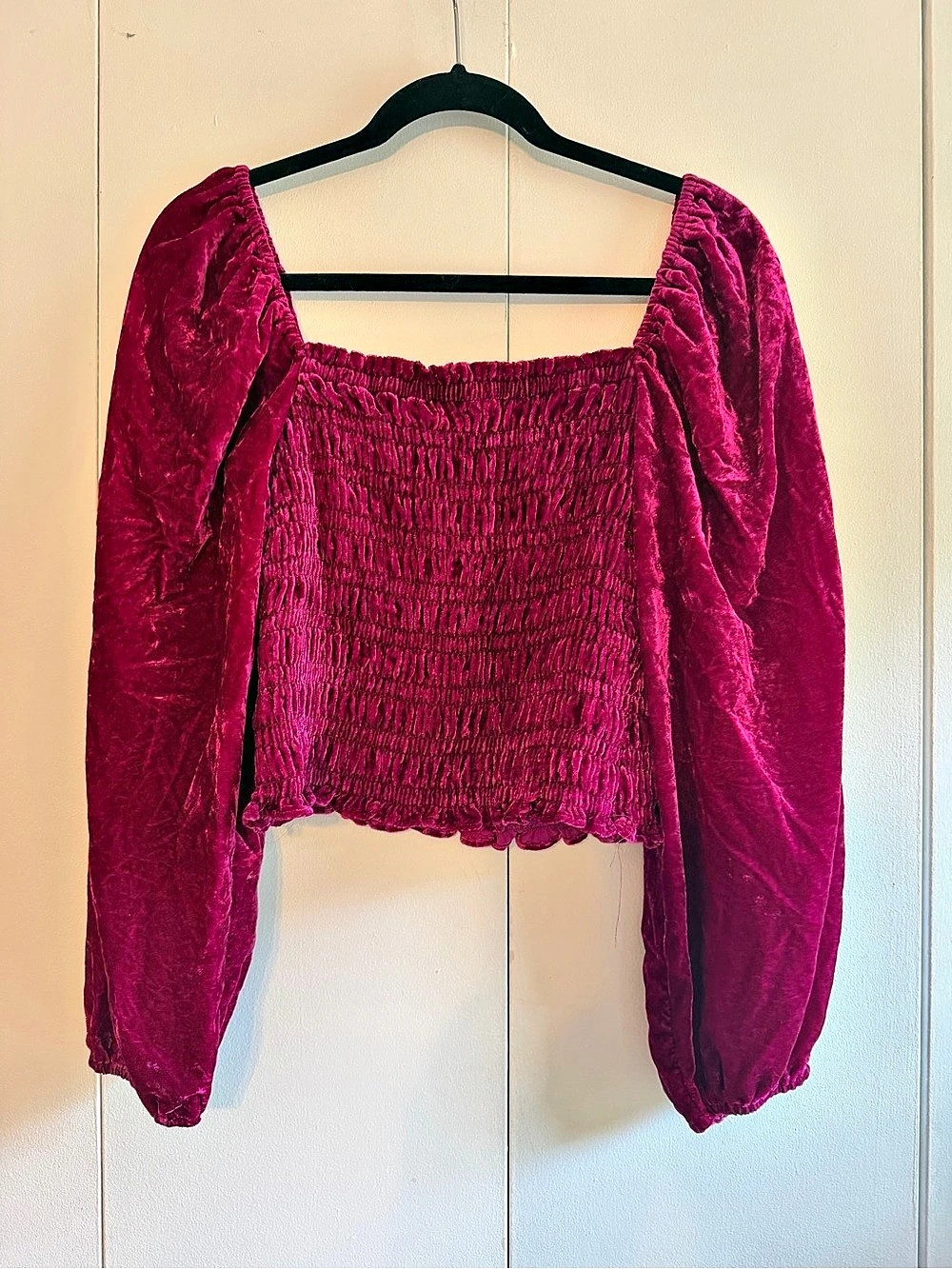 Anthropologie Velvet Smocked Puff Sleeve Top Pink Medium Like New